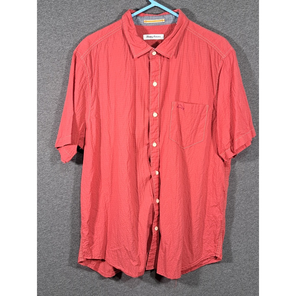 Tommy Bahama Mens XL Short Sleeve Button Down Shirt‎ Coral Red Crinkle Texture